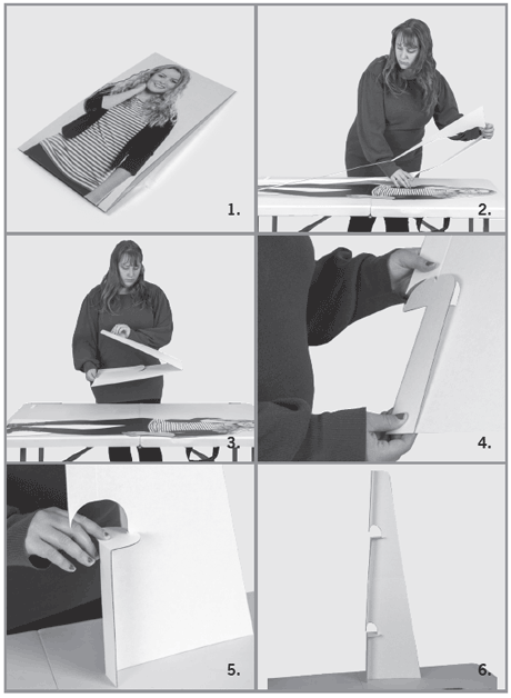 Step-by-step photo instructions for assembling a life-size cutout stand, numbered 1 through 6, demonstrating adhesive application, easel folding, and tab locking.