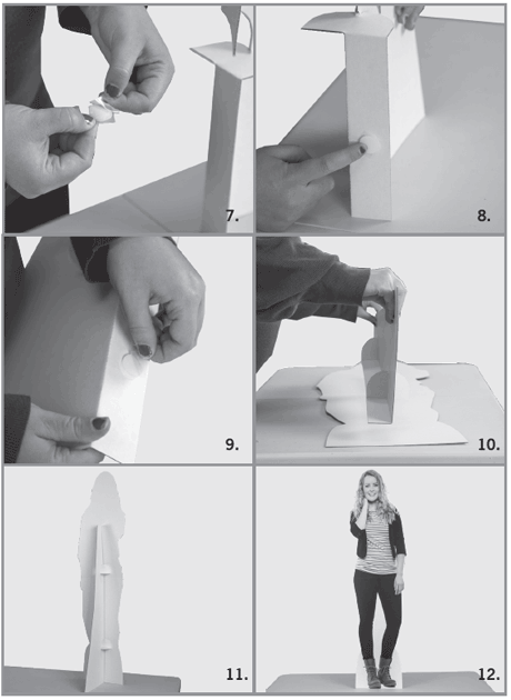 Continuation of assembly guide, panels 7-12: Detailed views of adhesive placement on the support stand and a front and back view of the finished standing product.