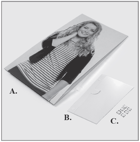 Black and white product overview: A. Printed life-size cutout, B. Foldable easel support, C. Adhesive mounting squares.